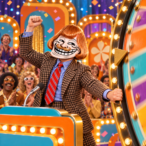 Jean Troll at the trading desk, pressing the glowing green button while charts rocket upward